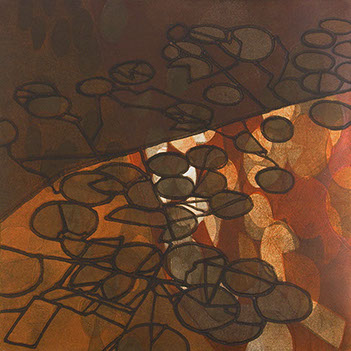 Christiane Corcelle's "Square 1." The art work has organic shapes of shades of orange and black. 