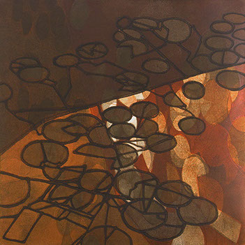 Christiane Corcelle's "Square 1." The art work has organic shapes of shades of orange and black.