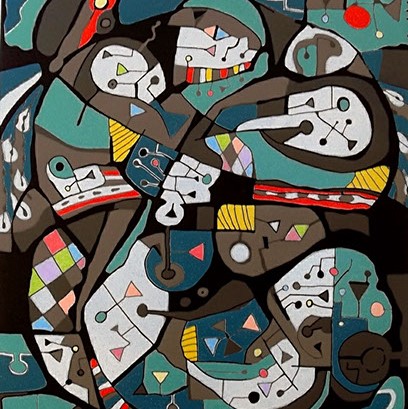 David Graves, "Harkin Settlement" is an abstract art piece made of organic shapes. 