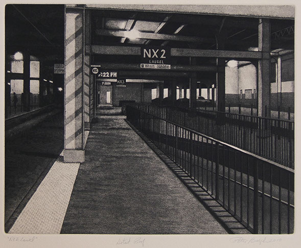 A black and white illustration of what could be a train station. On the right side there are rails going across the plane. 