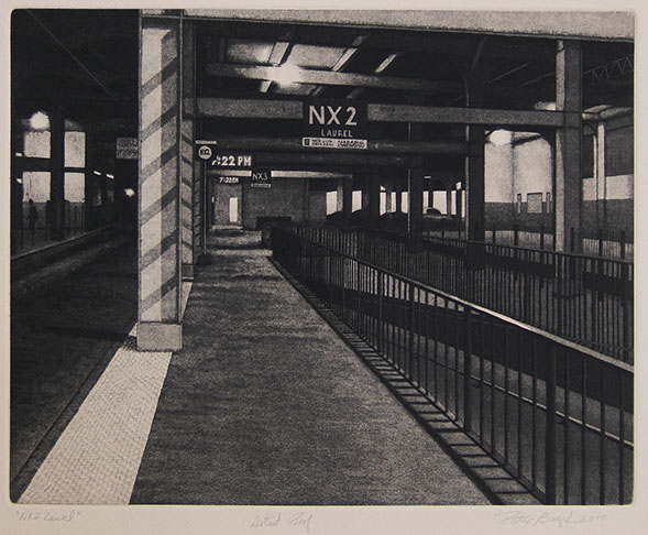 A black and white illustration of what could be a train station. On the right side there are rails going across the plane.