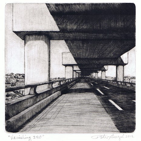 Peter Baczek "Vanishing." An etching of a being on the freeway. The freeway appears to go on in a vanishing way. 