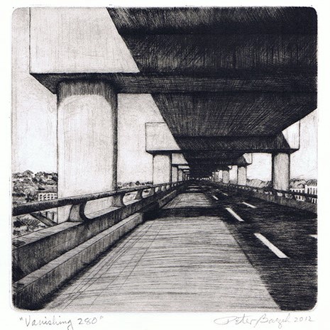Peter Baczek "Vanishing." An etching of a being on the freeway. The freeway appears to go on in a vanishing way.