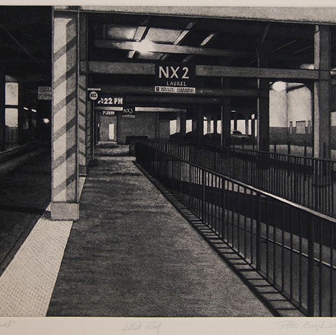 Peter Baczek's "NX2 Lauren"  shows a train station. There are two rails on the right side of the art. 