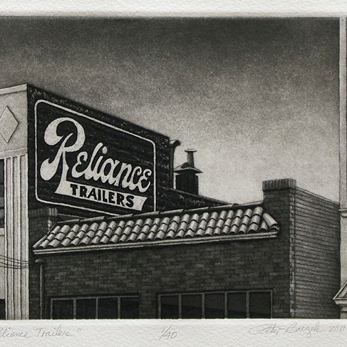 Peter Baczek's "Reliance Trailers." This artwork depicts the top of two buildings. One of the buildings says "Peter Baczek."