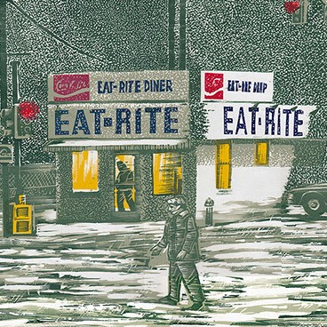 Anthony Lazorko, "Snow @ Eat-Rite" shows the small Eat-Rite Diner on a snowy nite. 