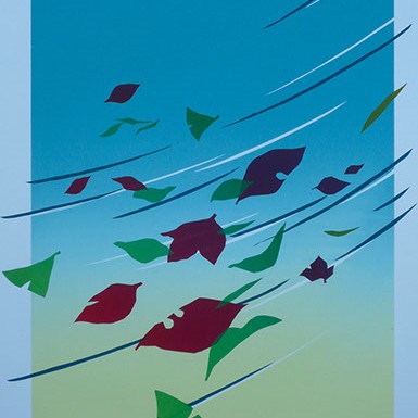 Mako Lanselle, "Sudden Gust" red, green, and purple leaves falling in the wind. The sky is blue at top, and fades into green.