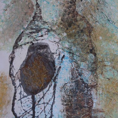 Tammy Greenwood's "The Abandoning" abstract art piece with blues, and browns.
