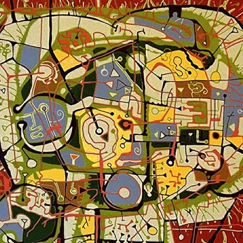 David Graves' "(K)Involution" red, blue, yellow, and green abstract shapes.