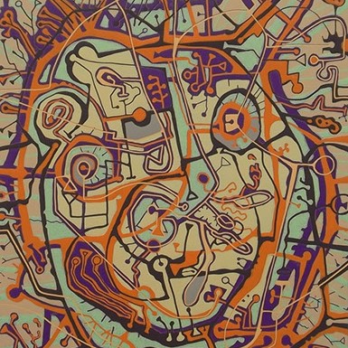 David Graves, "Punkin Voodoo" orange, purple, and green abstract shapes. 