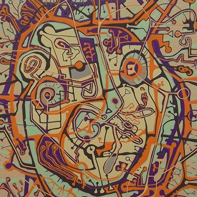 David Graves, "Punkin Voodoo" orange, purple, and green abstract shapes.