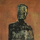 Marti Mckee "Assimication II" abstract figure in black on orange background.