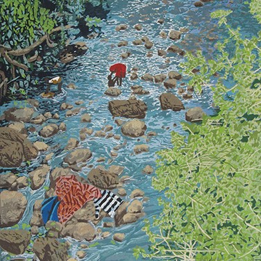 Enrica Marshall "Another Day at the River" shows a river going through from the bottom left to the upper right of the painting. There are rocks in the river, and it is surrounded by greenery. 