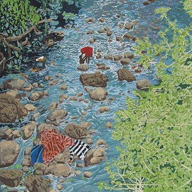 Enrica Marshall "Another Day at the River" shows a river going through from the bottom left to the upper right of the painting. There are rocks in the river, and it is surrounded by greenery.