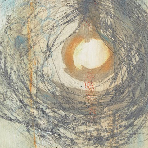Cynthia MacCollum's "Glow" a circle of white and yellow surrounded by black irregular lines.