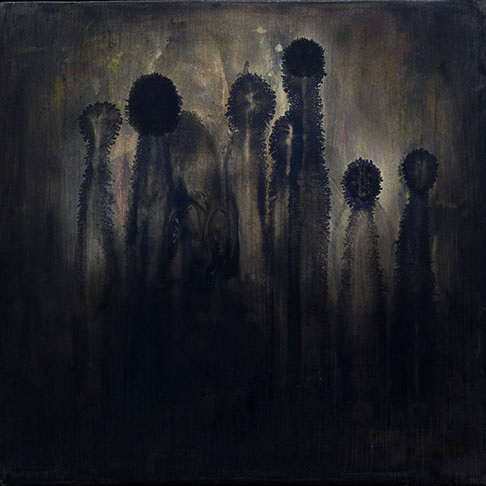 Kerry Kugelman "Ohne Titel (Sentinels}" abstract piece that uses black and grey.