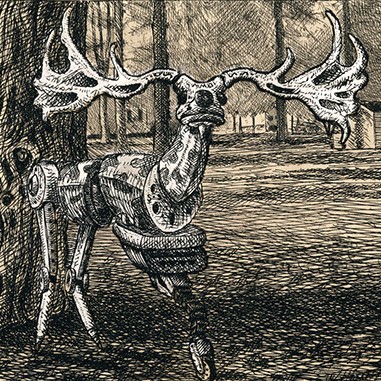 Brandon Sanderson, "Denizens IX: The Fauna" an illustration of a deer skeleton in the woods. The entire drawing is done in cross-hatching.