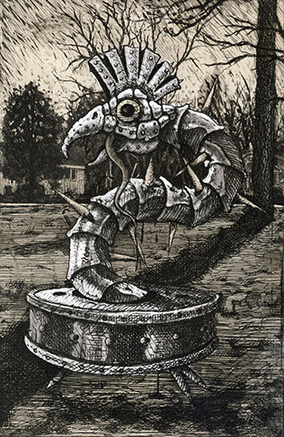 An illustration of an abstract sculpture with trees surrounding it.