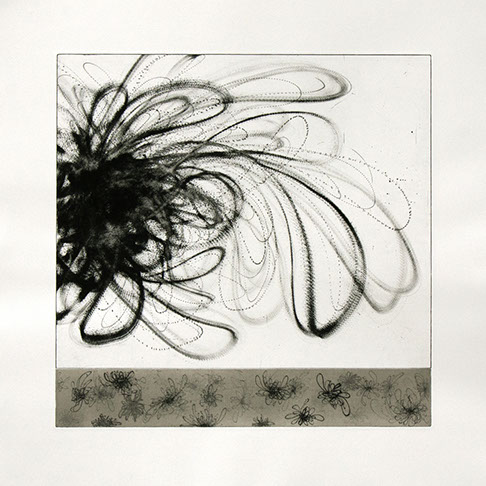 An abstract black and white illustration. On the left side there is a ball of black with erratic black loops going across the piece.