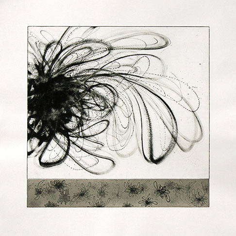 Cheryl Rogers, "MSM - 27" an abstract black, white, and grey illustration. On the left side there is a ball of black with loops coming out of it. 
