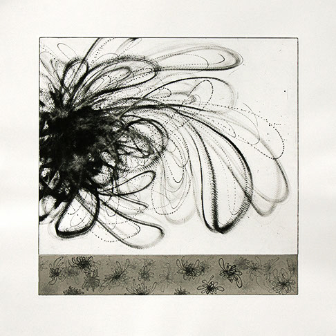 Cheryl Rogers, "MSM - 27" an abstract black, white, and grey illustration. On the left side there is a ball of black with loops coming out of it.