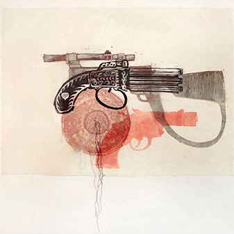 Gretchen Schermerhorn, "Gun Play" an illustration of a black gun, and below it there is a red small handgun.