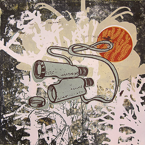 Gretchen Schermerhorn, "Gun Play" a blue illustrated pair of binoculars, on an abstract black, white and brown background.
