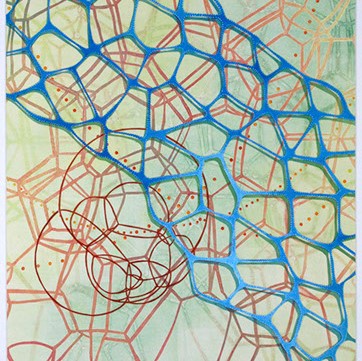 Kimiko Miyoshi, "Spill II" a pale green background with blue, red, orange, and yellow tangled lines.