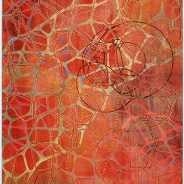 Kimiko Miyoshi, "Spill I" a red background with yellow and blue tangled lines.