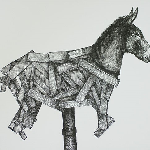 Michael Paieda, "Donkey Assemblage" a small horse that is used for as a toy for small children to ride on. The body is all made of different sizes of what looks like wood pieces.