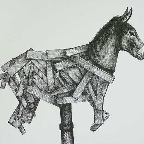 Michael Paieda, "Donkey Assemblage" a small horse that is used for as a toy for small children to ride on. The body is all made of different sizes of what looks like wood pieces.