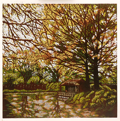 An illustration of very colorful trees. In the center there is a small house in the center.