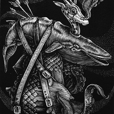 Dusty Tailor (Taylor Guerra), Winter. A black and white illustration if an animal with two heads.