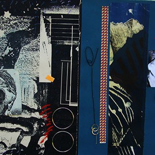 Joyce Weiss, "Hope No Hope - Pessimism." An abstract piece with black, white, and blue element.