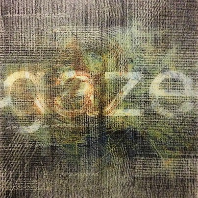 Macus Thibodeau, "And If You Gaze Long Into An Abyss." An abstract screen press with the word 'gaze' in the middle.