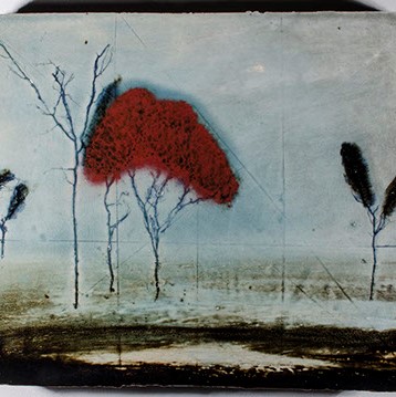 Charles Timm-Ballard, "Halo" An abstract art piece with a red tree in the center.