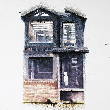 Margi Weir, "Detroit Two Story" a blue house on a white background.