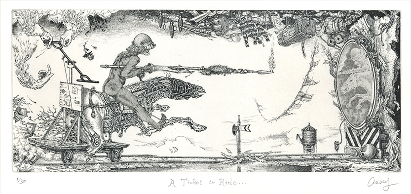 detailed ink drawing of a man on a horse/car hybrid. The man is holding a spear and riding towards a mirror on train tracks.  