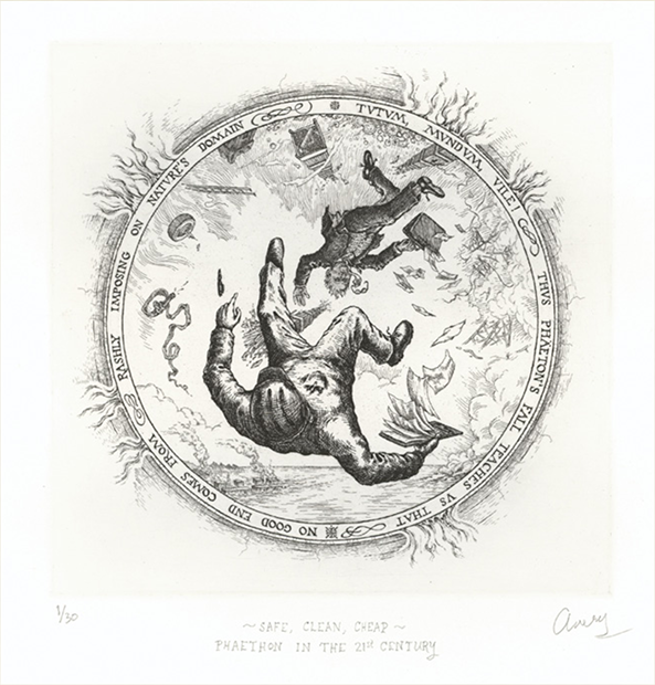 ink drawing of two men falling within a circle frame. the circle has writing that looks like latin or some other foreign language. 