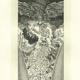 etching of a person floating at the top of the frame with wings that are made of some material like wood. The person holds a wooden sword and looks below. The bottom half of the figure becomes a flowing texture and continues to the bottom of the frame with small objects like leaves or something of the sort. There are industrial elements like a ladder, cement block and railroad tracks floating around the frame.