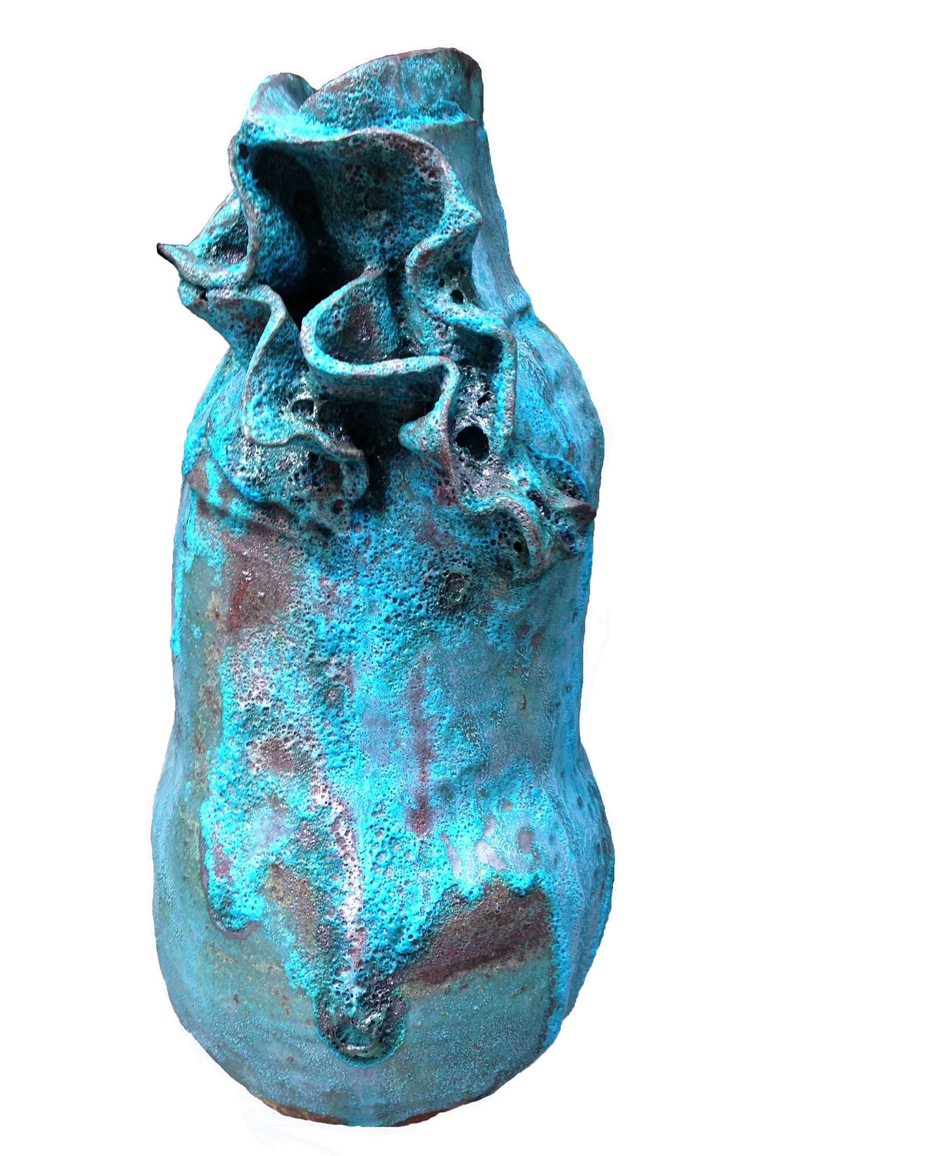 blue ceramic sculpture that is a shape similar to that of a vase, but much more organic and hand made.