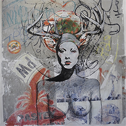 artwork of nude woman from the chest up with antlers. Background of image is grey with words, scribbles and textures.