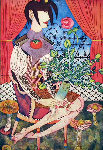 bright artwork of a woman with light skin and no facial features sitting in a chair, holding a plant with roots on the bottom and foliage on the top. There are red theatre curtains behind her. In between the curtain is a barbed wire fence in front of the blue sky. The room she sits in has mushrooms on the floor