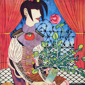 bright artwork of a woman with light skin and no facial features sitting in a chair, holding a plant with roots on the bottom and foliage on the top. There are red theatre curtains behind her. In between the curtain is a barbed wire fence in front of the blue sky. The room she sits in has mushrooms on the floor