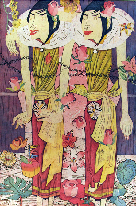 stylistic artwork of two almost identical women standing side by side. They are facial features, except no eyes. There are plants and flowers around the artwork