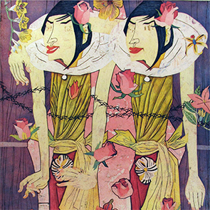 stylistic artwork of two almost identical women standing side by side. They are facial features, except no eyes. There are plants and flowers around the artwork