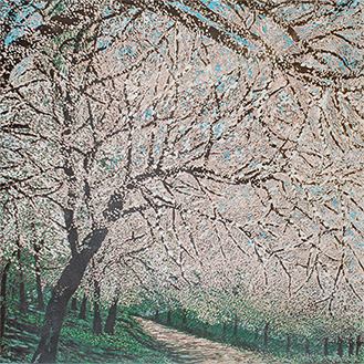 artwork of large tree with light pink blossoms. There is a light brown path that recedes into the background. The ground is green and lush