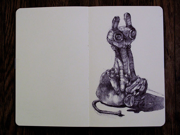 ink drawing of a creature sitting with head in it's hands