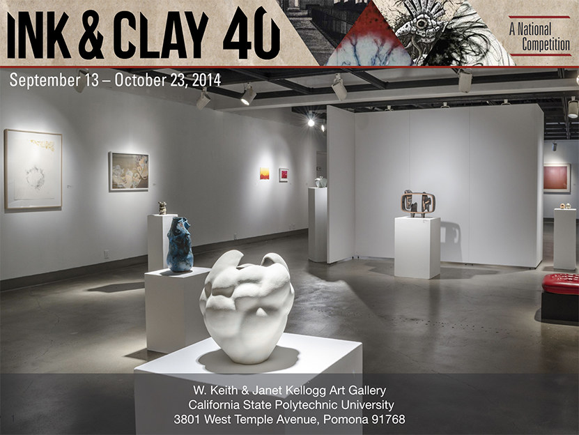 Ink & Clay 40 a National Competition. September 13 - October 23, 2014. Image of gallery with various artworks mounted on walls and sitting on sculpture stands. W. Keith & Janet Kellogg Art Gallery. California State Polytechnic University. 3801 West Temple Avenue, Pomona 91768