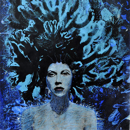 mixed media blue monoprint drawing of Artemis (from the mythology) and her owl with the blue moon rising in the back
